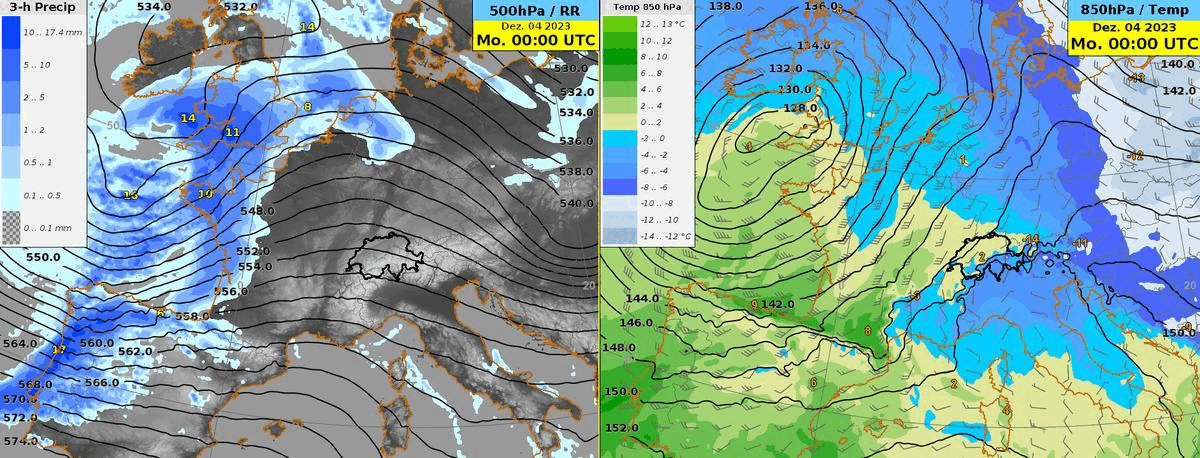 Animation aus dem IFS Modell von Montag, 04.12.2023 0 UTC bis Dienstag, 05.12.2023 12 UTC. Links 500 hPa Geopotential mit 3h-Niederschlag, rechts 850 hPa Geopotential mit Temperatur.