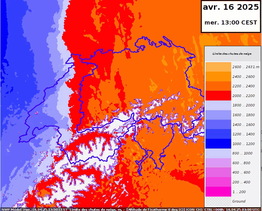 Verlauf der Höhe der Schneefallgrenze (in Metern) laut ICON-1E Modell von MeteoSchweiz. In der kommenden Nacht könnte es im Wallis und Berner Oberland zum Teil bis in tiefe Lagen schneien.
