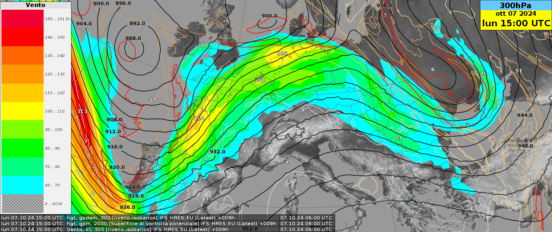 Geopotentielle Höhe (schwarze Linien) und Windgeschwindigkeit (farbige Kontur) auf 300 hPa zwischen Montagmittag und Mittwochmorgen.
