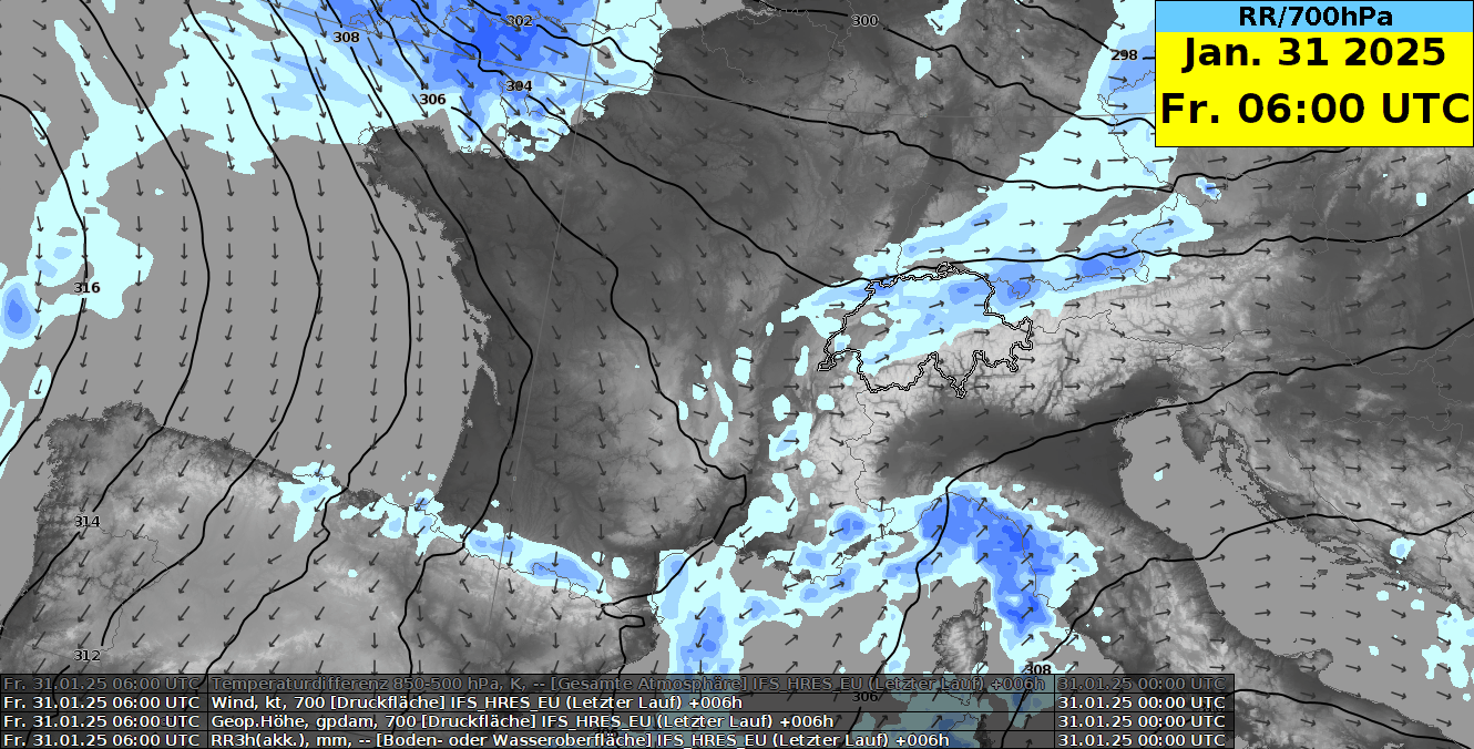 Animation des ECMWF Model, dargestellt ist das Geopotential und der Wind auf 700 hPa, sowie der Niederschlag am Boden.