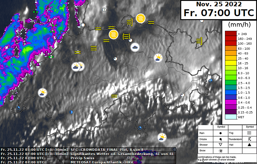 Satellitenbild (sichtbarer Kanal, Bewölkung und schneebedeckte Flächen erscheinen weiss), Radarbild (farbig) und Wettermeldungen (runde Symbole: der MeteoSchweiz App Nutzer; übrige Symbole gemäss Legende: professionelle Wetterbeobachter an den Flughäfen sowie automatische Sensoren) heute Freitag, 25. November 2022.