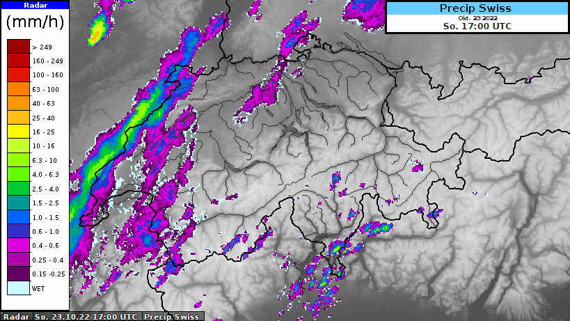 Die Radaranimation von gestern zwischen 17 und 24 UTC. Im Süden wie auch in der Genferseeregion waren die Niederschläge gewittrig, einzelne Blitze wurden dabei registriert.