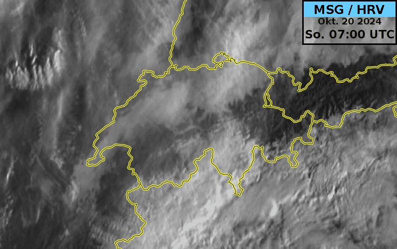 Satellitenbildsequenz von heute 09 Uhr bis 15:30 Uhr, welche die Auflösung der Nebeldecke über der Alpennordseite zeigt.