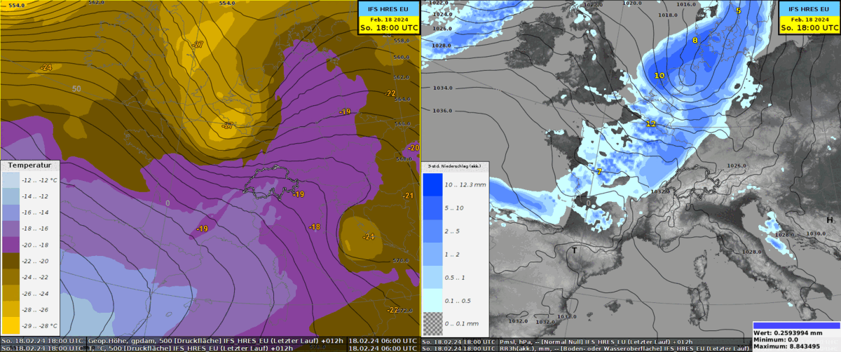 Animation des Wettermodells IFS zwischen Sonntagabend und Dienstagmittag. Links: Die Temperatur auf 500 hPa und die Isohypsen, also die Höhe dieser Druckfläche. In hellbräunlich ist die Höhenkaltluft zu erkennen. Rechts: Die Isobaren und der 3-Stündige Niederschlag. 