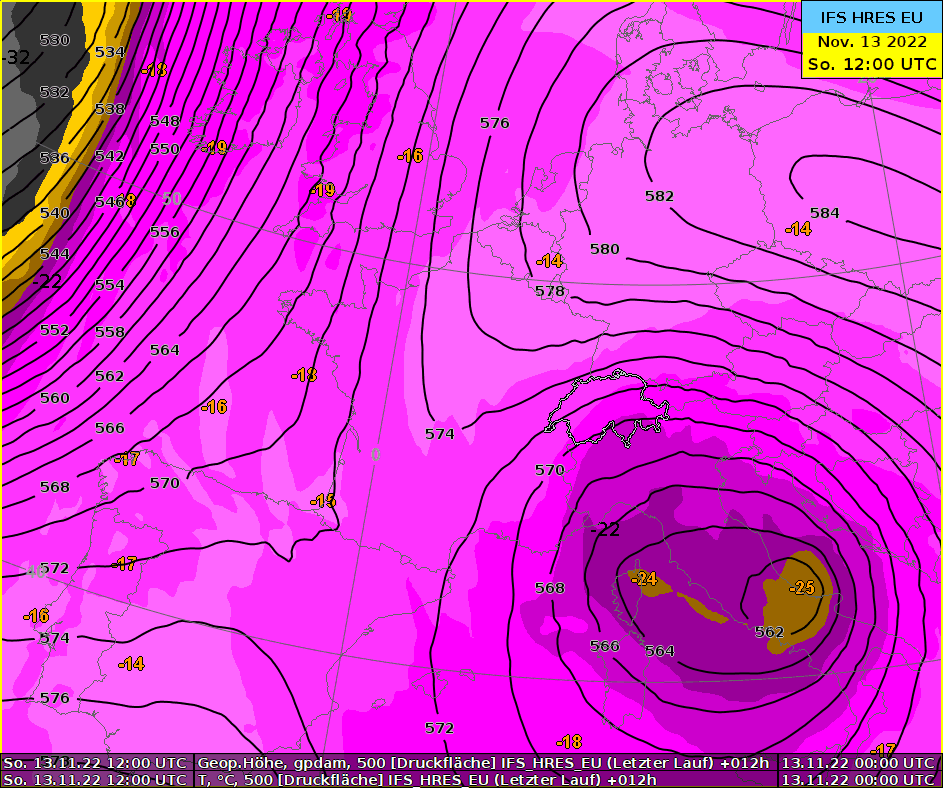 Die Animation zeigt die Temperaturverteilung auf 500 hPa (ca. 5600 m) sowie die Höhe der 500 hPa-Druckfläche (schwarze Linien). Gut zu sehen ist, wie sich der Kaltlufttropfen heute und morgen von Italien über die Alpen nach Norden verlagert.