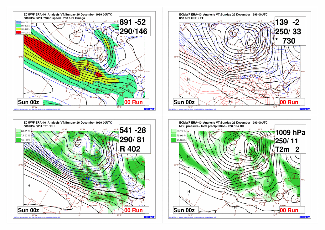 Abbildung 3: Reanalyse des Europäischen Wettermodells IFS von Sonntag, 26.12.1999 00 UTC bis Montag, 27.12.1999 00 UTC. Animation verschiedener Parameter auf 300 hPa (Jetniveau), 500 hPa (ca. 5500 m), 850 hPa (ca. 1500 m) sowie Bodendruckfeld (Isobaren) mit Bewölkung auf 700 hPa (ca. 3000 m).