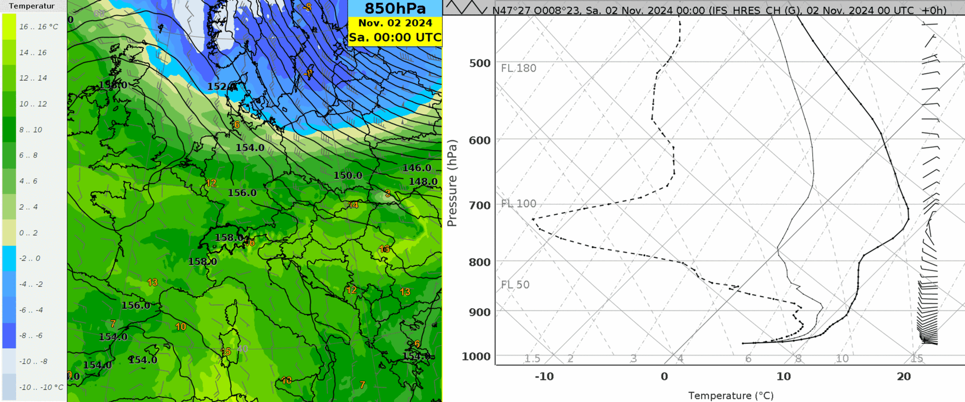 Animation des IFS-Modells am 2. November 2024 zeigt den Kaltluftvorstoss (Temperatur auf 850 hPa) und die Vertikalprofile für den Flughafen Zürich-Kloten mit der aufkommenden Bise und dem Anstieg der Nebelobergrenze. 