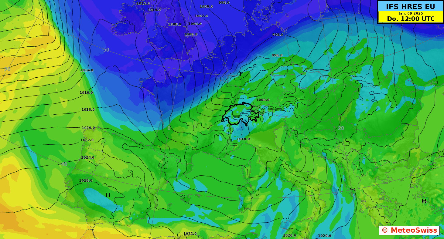 Legende: In dieser Modellanimation ist milde und feuchte Luft grün oder gelb dargestellt, kalte Luft ist blau. Gut zu erkennen ist die Kaltfront vom Donnerstagabend und dann der Streifschuss der Warmfront am Samstag. Die milde Luft resp. die Warmfront erreicht knapp die Westschweiz, bevor die kalte Luft wieder vorstösst und die Front sich nach Süden verabschiedet. 