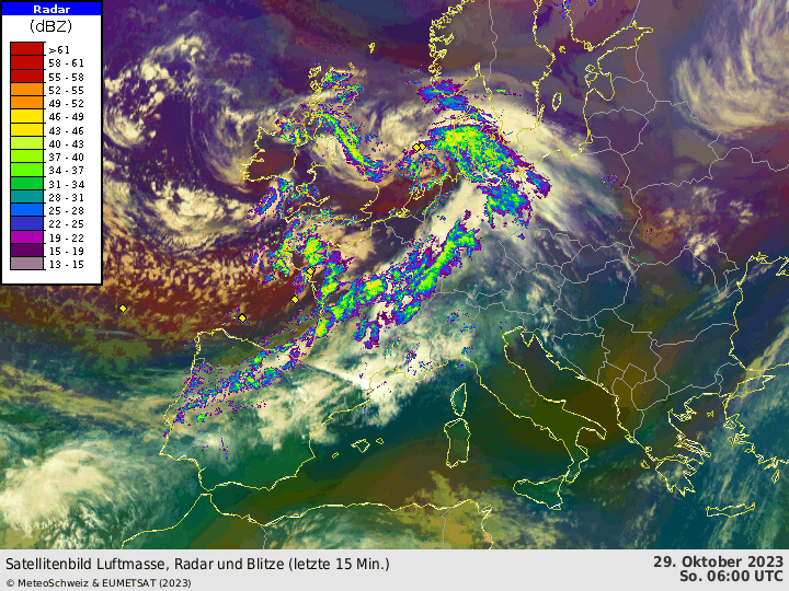 Animation von Satellitenbild, Luftmasse und Niederschlagsradar am Sonntag, 29.10.2023 von 07:00 Uhr bis 13:00 Uhr. Quelle: EUMETSAT/MeteoSchweiz