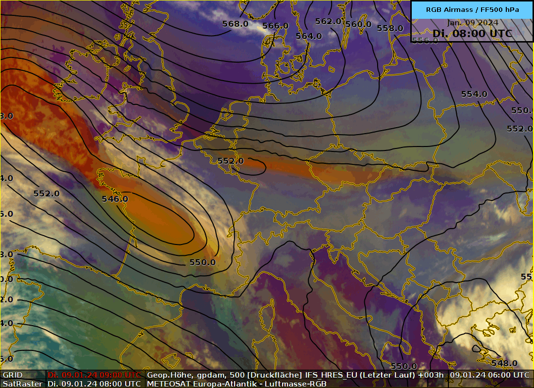 Animiertes Airmass-Composit zwischen 08 und 12 UTC, zusammen mit den Isohypsen auf 500 hPa resp. rund 5500 Metern, was die Druckunterschied in dieser Höhe repräsentiert. 