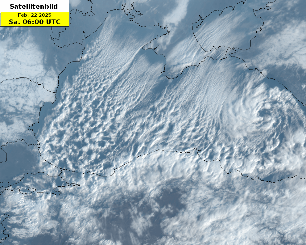 Satellitenfilm (MTG True Color RGB) von der Schwarzmeerregion mit den typischen Wolkenstrassen am Samstag, 22.02.2025 von 7:00 bis 12:00 MEZ. Quelle: MeteoSchweiz, EUMETSAT