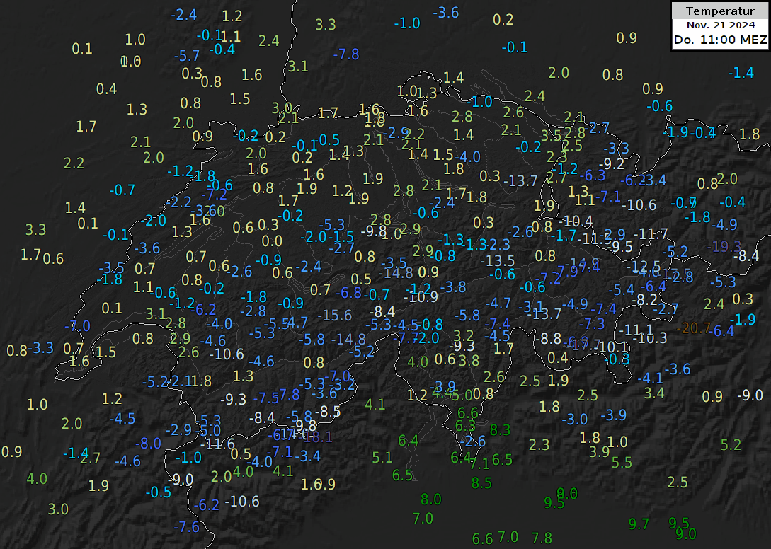 Animation der Temperatur auf 2 m über Boden 21.11. 11 Uhr MEZ bis 22.11. 6 Uhr MEZ.