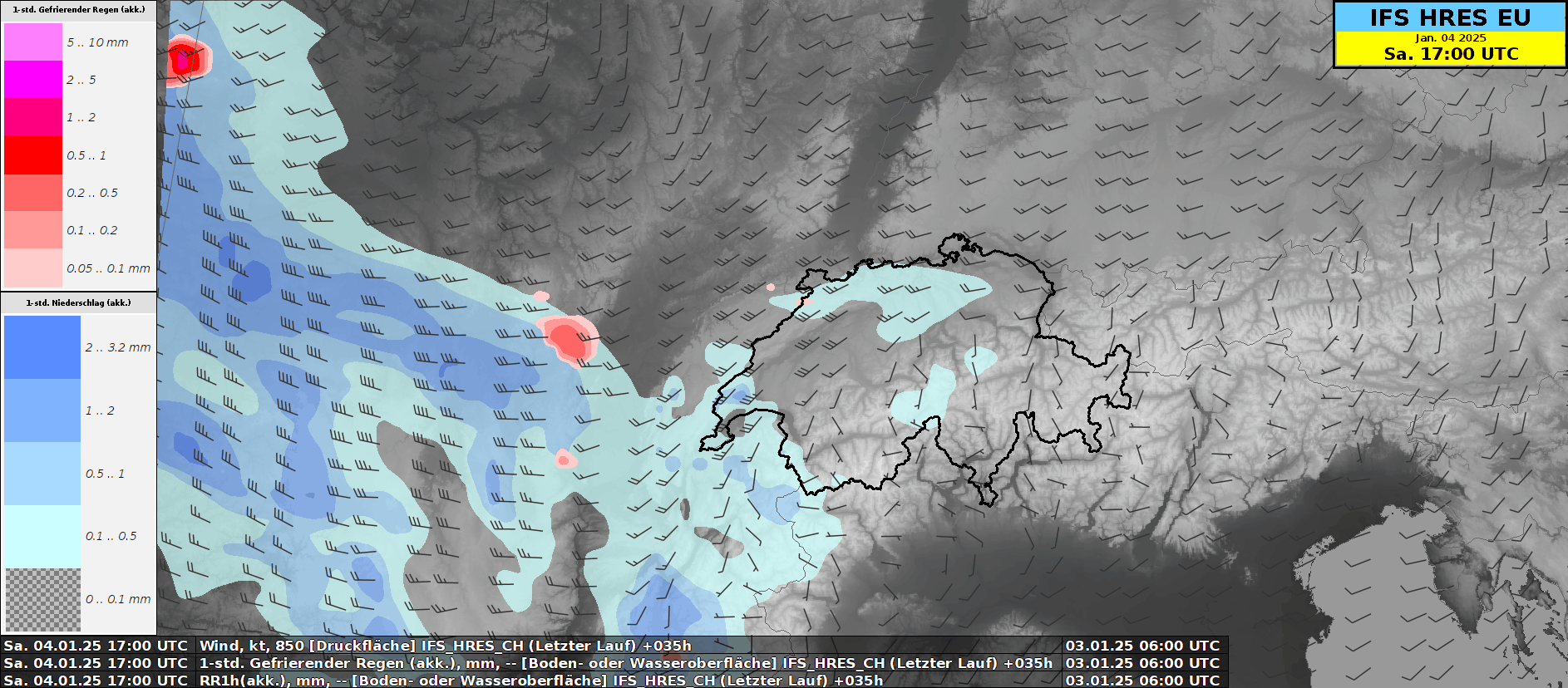 Animation des stündlichen Niederschlags (blau) sowie des gefrierenden Regens (rot) für morgen Samstag, prognostiziert durch das IFS-Model (06 UTC).