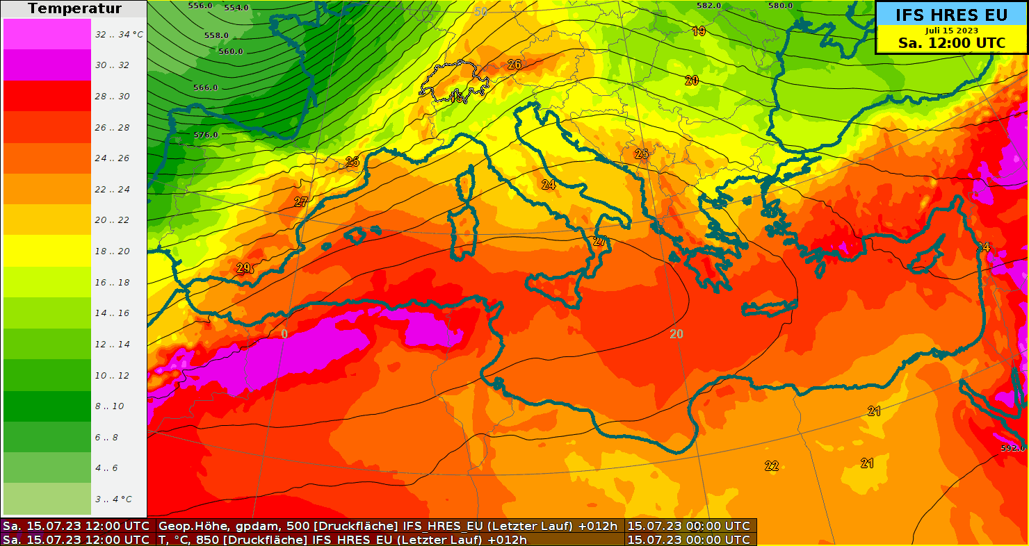 Animation der Temperatur auf 850 hPa resp. rund 1500 Metern (farbige Flächen) und des Geopotentials auf 500 hPa (schwarze Linien, beschreibt die Druckverhältnisse in rund 5500 bis 6000 Metern). Animiert ist die Prognose des europäischen Modells IFS. 
