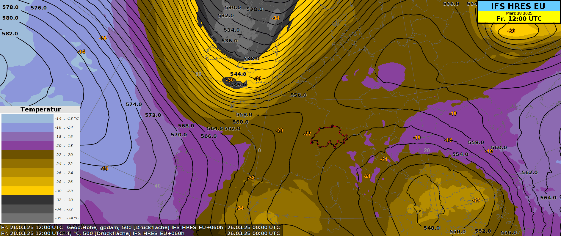 Animation der Temperatur (Farben) und der geopotentiellen Höhe (schwarze Isolinien) auf dem 500-hPa-Niveau (ca. 5.5 km Höhe) von heute, Mittwoch, 26. März bis Montag, 31. März, vom IFS-Kontrolllauf (00 UTC).