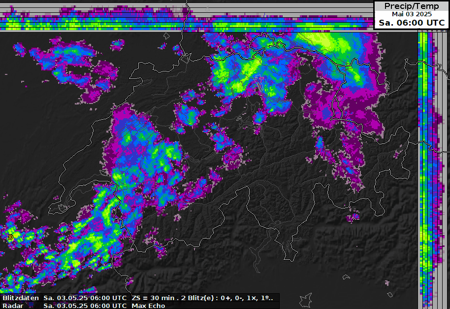 Radaranimation zwischen 8 und 12 Uhr Lokalzeit. Schauer und lokale Gewitter ziehen über die Schweiz hinweg. 