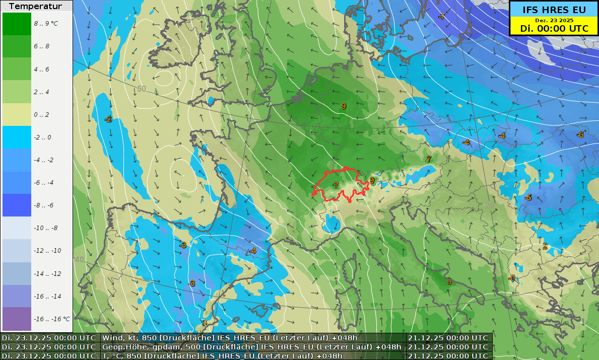 Wind und Temperatur auf 850 hPa (ca. 1500 m) sowie Geopotential auf 500 hPa.