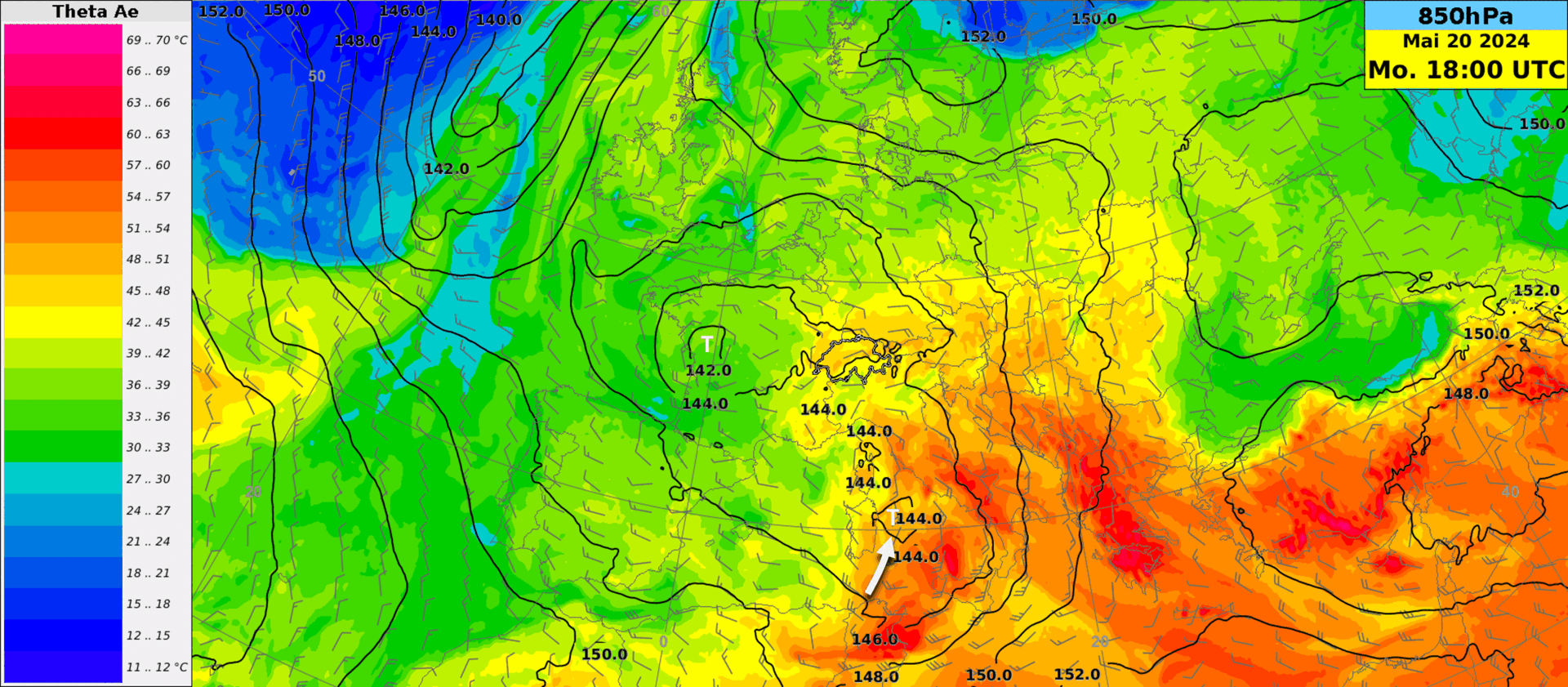 Animation des Geopotentials auf 850 hPa (ca. 1500 m, schwarze Linien) und der äquivalentpotentiellen Temperatur (Farbflächen) als Mass für den Wärme- und Feuchtegehalt der Luftmassen für den Zeitraum von Montag, 20.5.2024, 18 UTC bis Mittwoch, 22.5.2024, 6 UTC.