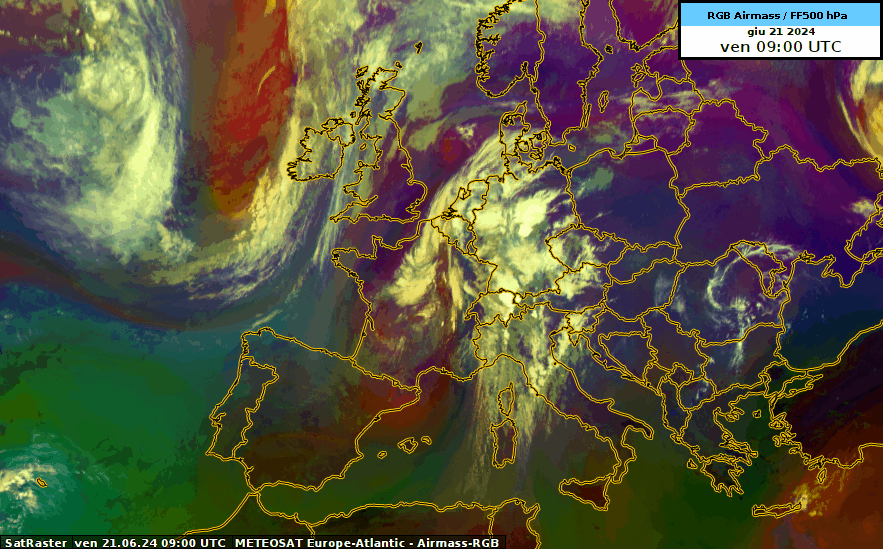 Satellitenfilm welcher Wolken (helle Farben) und unterschiedliche Luftmassen (dunkle Farben) darstellt.