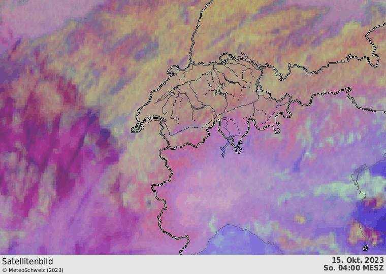 Animation des Satellitenbildes vom heutigen frühen Morgen. Im Lee der französischen Alpen entstand an einer stationären Leewelle hohe Bewölkung (dunkelviolett). 