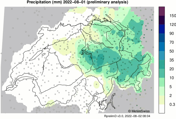 Der August 2022 im niederschlagstechnischen Schnelldurchlauf: Tagesniederschlag an unseren SwissMetNet-Stationen, vorläufige Analyse.