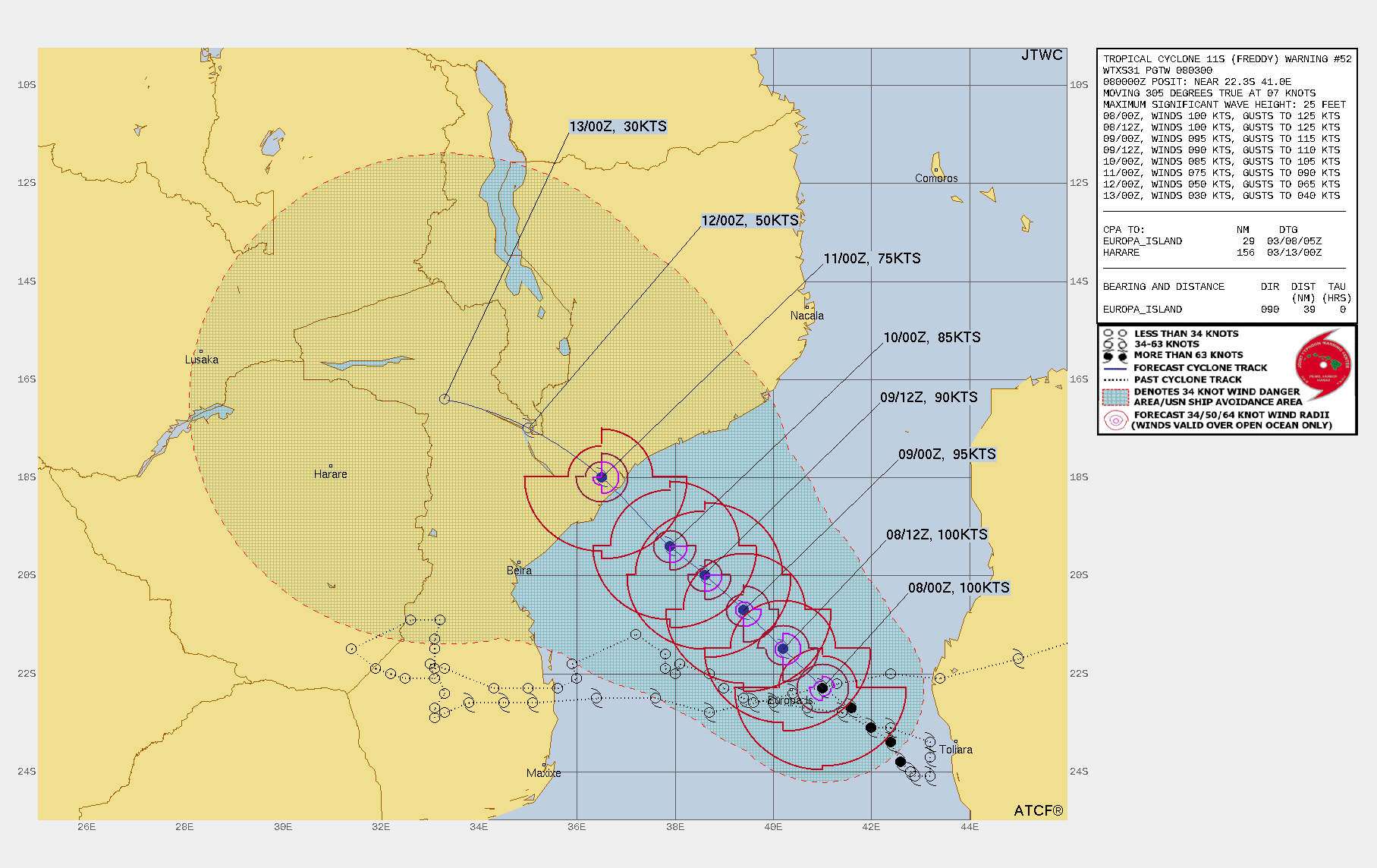 Vorhersage des Joint Typhoon Warning Center (JTWC) zum Zyklon «Freddy». Die Böenspitzen lagen am Mittwoch im Bereich von 180 km/h. 