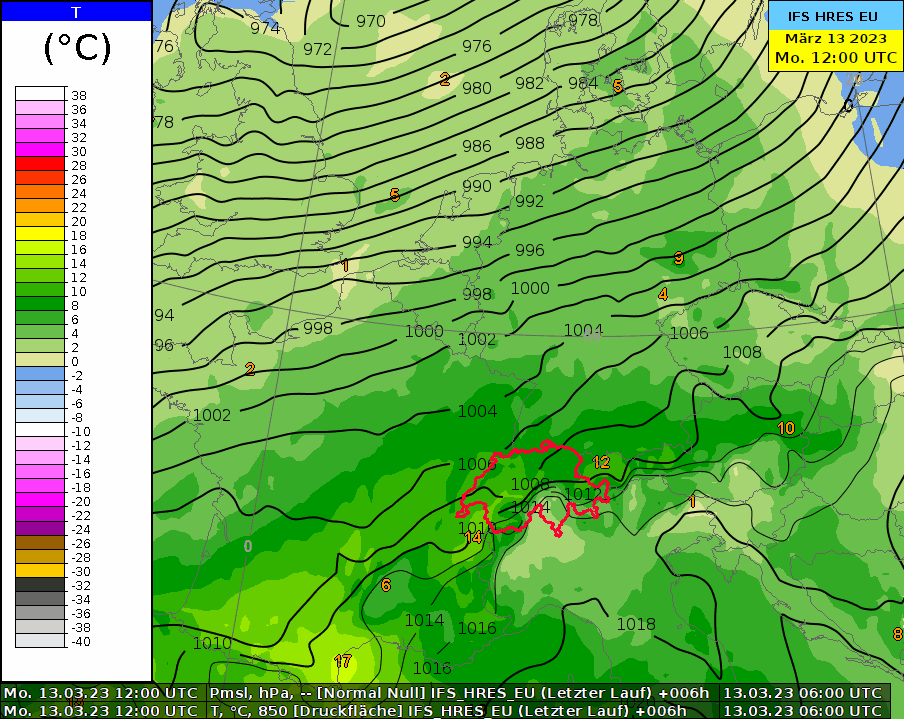 Animation der Temperatur auf 850 hPa resp. rund 1400 Metern: Zunächst sind wir in der milden Luft (grün), am Dienstag kommen wir in die kühlere Luft (blau). Die Isobaren (schwarze Linien) zeigen die Druckverhältnisse über Mitteleuropa. 