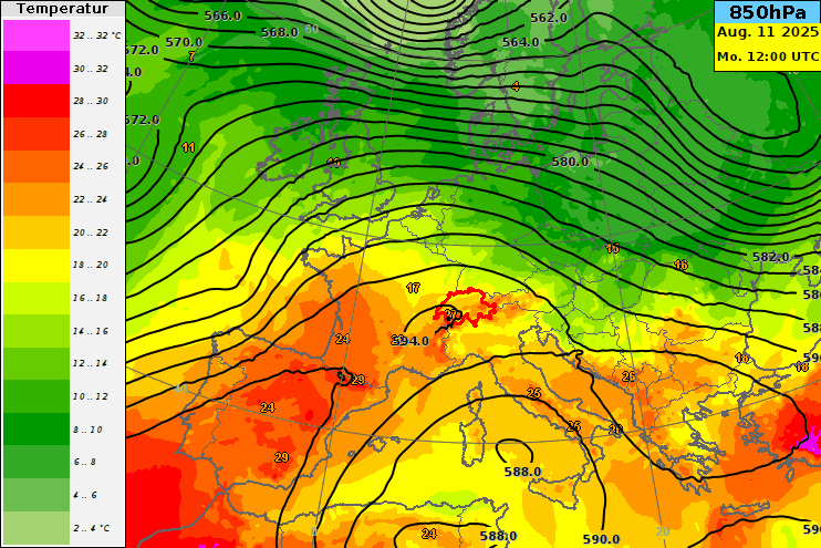Vorhersage der Temperatur auf 850 hPa (Farbflächen, ca. 1500 m Höhe) und des Geopotentials auf 500 hPa (ca. 5500 m Höhe). Ab Dienstag gelangt aus Südwesten wieder heisse Luft zur Schweiz.