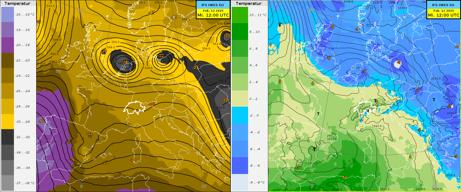 Vorhersage des Geopotentials und der Lufttemperatur auf 500 hPa (ca. 5500 m, links) und des Bodendrucks sowie der Lufttemperatur auf 850 hPa (ca. 1500 m, rechts) von heute Mittwoch, 12. Februar bis Samstag, 15. Februar 2025. Das Höhentief zieht von Deutschland über die Ostschweiz hinweg ins Tyrrhenische Meer. Dabei fliesst aus Norden Polarluft zur Alpennordseite.