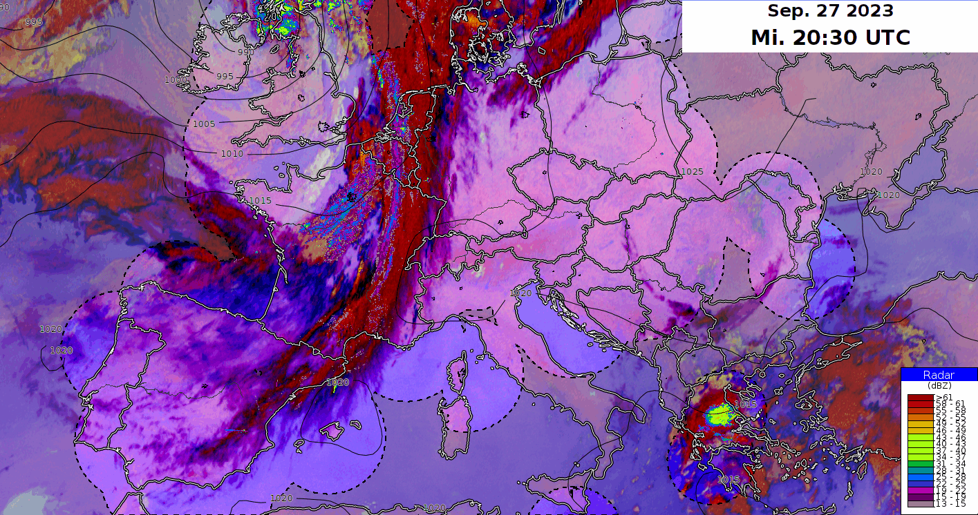 Satellitenbild-Animation der vergangenen Nacht. Die als Kaltfront klassifizierte Störung war in der Schweiz zwar nicht wetteraktiv, brachte uns aber einige hohe und mittelhohe Wolkenfelder.