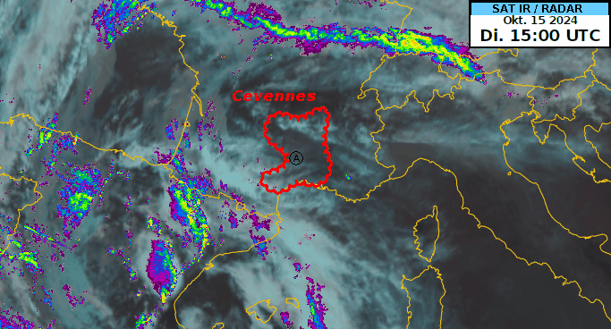 Animation des Radar- und Sattelitenbildes (IR) vom 15.10.2024, 15 UTC bis am 18.10.2024, 0 UTC. Rot eingezeichnet das Gebiet der Cevennen.