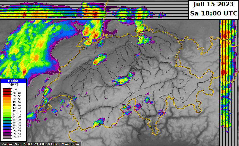 Radarloop zwischen Samstag 18 UTC und heute, Sonntag 06 UTC. UTC = MESZ + 2 Stunden.