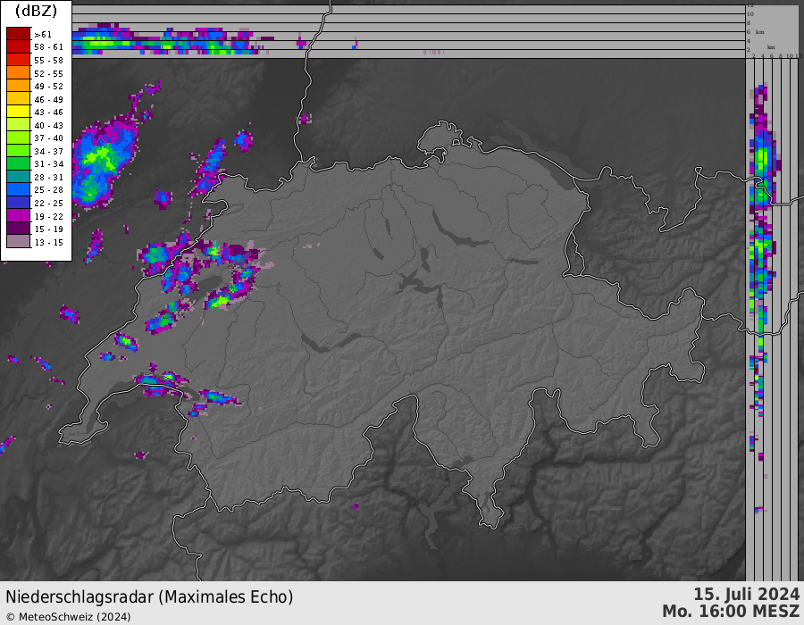 Radaranimation von 16 Uhr bis 22 Uhr. Vor der Kaltfront entstanden einzelne heftige Gewitterzellen, z.B. im Berner Oberland.  