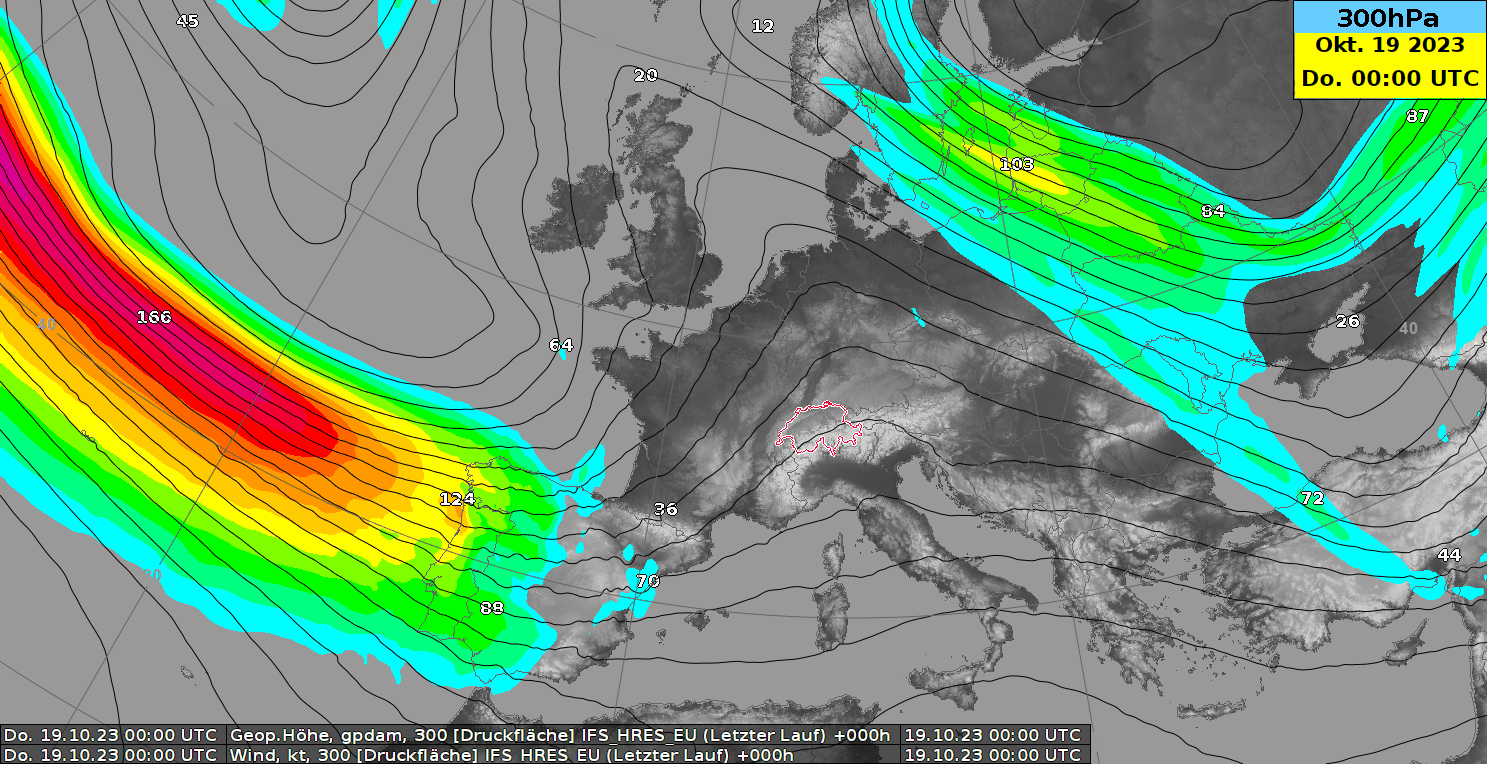 Animation des Geopotentials und des Jetstreams (Wind>60KT) auf 300 hPa. Die sich einstellende Südstaulage ist ersichtlich. Ebenso ist der aus Süden auf die Alpen gerichteten Jet erkennbar.