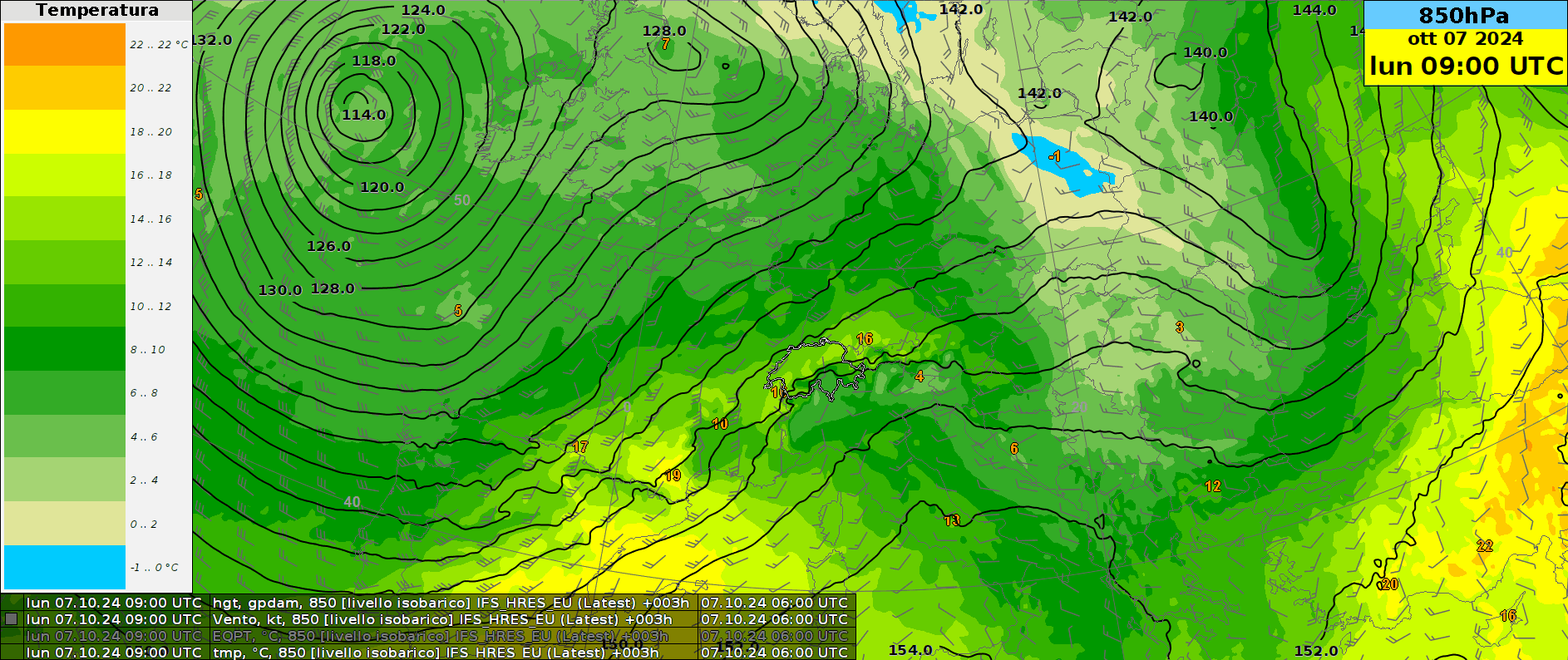Geopotentielle Höhe (schwarze Linien), Temperatur (Farbe) und Windfiedern auf 850 hPa von Montag- bis Mittwochmorgen.