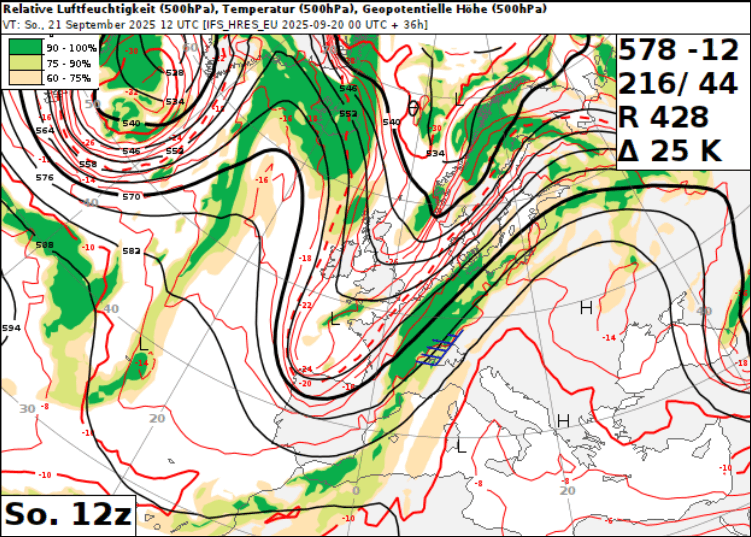 Animation der Situation auf 500 hPa (Geopotential, Feuchte und Temperatur) des IFS Modells von Sonntag 12 UTC bis am Mittwoch 0 UTC.