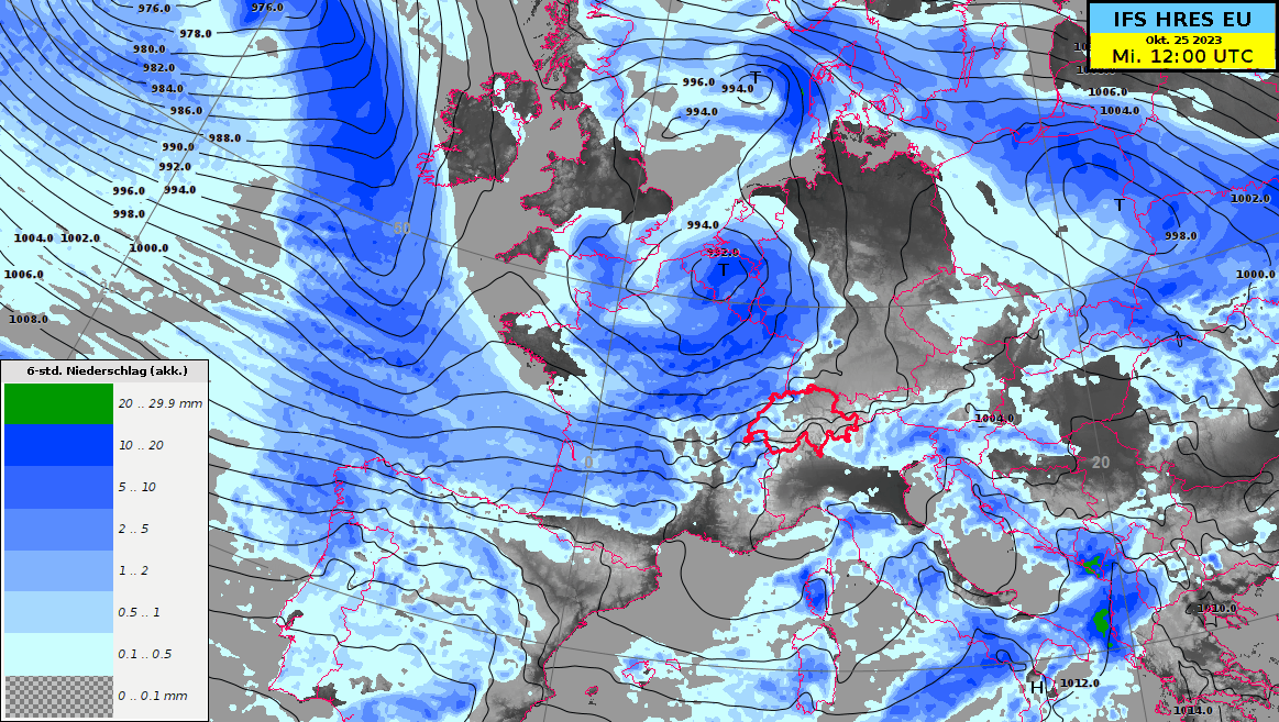 Animation des vom Modell IFS (ECMWF) berechneten Niederschlags zwischen Mittwoch 08 Uhr (06:00 UTC) und Samstag 08 Uhr (06:00 UTC)