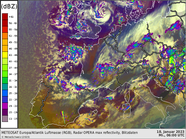 Animation Radar- und Satellitenbilder von 7 Uhr bis 13 Uhr. Aus Norden fliesst kalte und zeitweise feuchte Polarluft nach Westeuropa. Über der Schweiz hat sich ein relativ schmales Niederschlagsband an den Alpennordhang gelegt. Mit südlichen Winden fliesst hingegen milde Luft nach Osteuropa. 