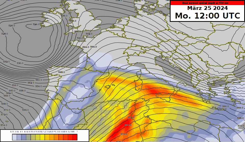 Animierte Vorhersage der Staubkonzentrationen dargestellt durch die optischen Dichte im Bereich von 550 nm Wellenlänge (sichtbares Licht) vom 25.03. 2024 um 12 UTC bis am 26.03.2024 um 18 UTC.