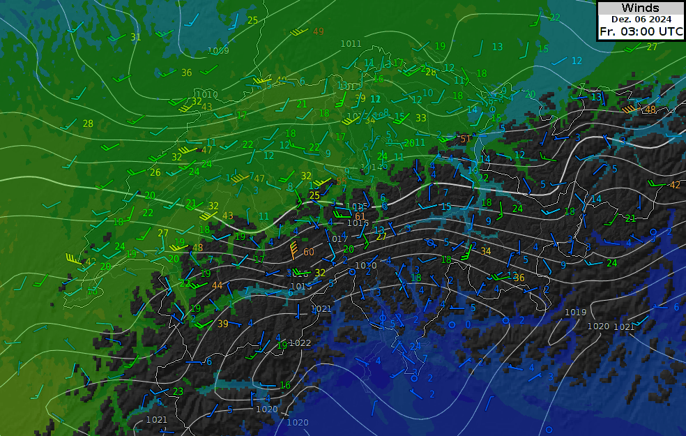 Animierte Bildsequenz vom Kaltfrontdurchgang heute Morgen. Abgebildet sind die Isobaren (Linien), die Windmessdaten der Stationen (Windpfeile und Böenspitzen in Knoten) sowie die Temperatur (Farbflächen).