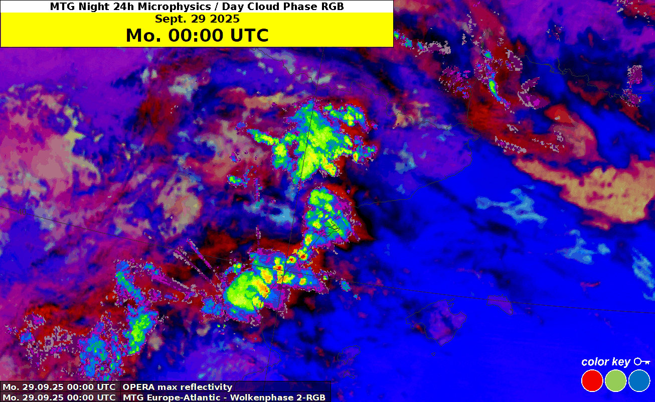 Abbildung 7: Satellit- und Radaranimation von Ostküste Spaniens am 27. September von 0 bis 12 UTC. Im Satellitenprodukt sind die verschiedenen Wolkentypen (Höhen sowie Aggregatszustand) zu erkennen.