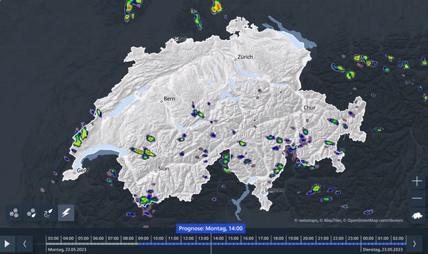 COSMO-1E Niederschlagsprognose vom Montag, 22.05.2023 von 14 Uhr bis etwa Mitternacht. Sie ist auch auf unserer MeteoSwiss App oder auf unserer Webseite zu finden.