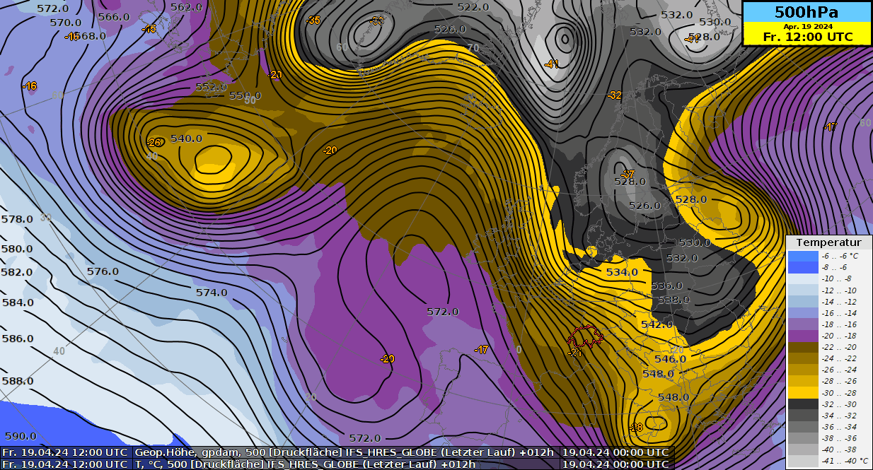 Animation der Höhenwetterkarte mit Geopotential (schwarz) und Temperatur (Farbflächen) auf 500 hPa, (ca. 5500 m) im Zeitraum von Freitag, 19. April 2024, 12 UTC bis Donnerstag, 25. April 2024, 12 UTC.