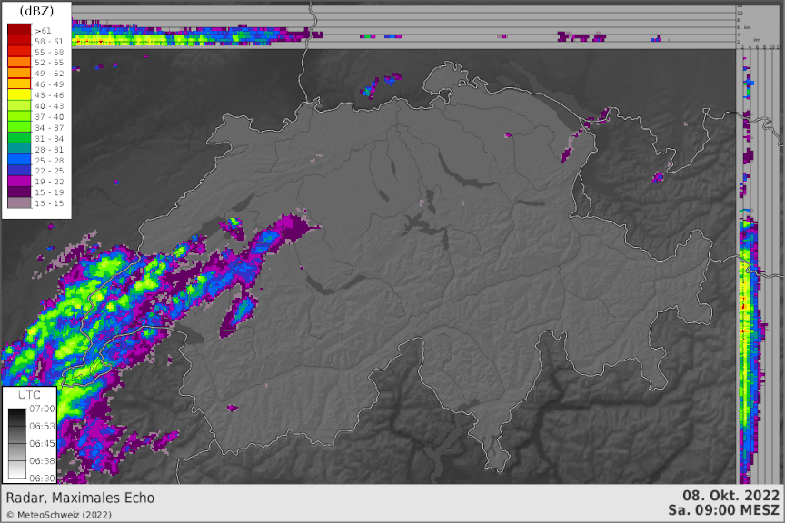 Radaranimation von Samstag, 8. Oktober 2022, 09 bis 15 UTC
