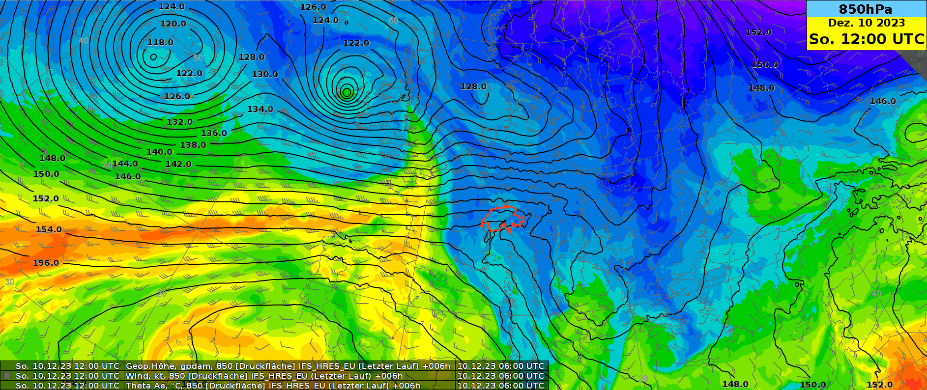 Modellierte ThetaE (Mass für Feuchtigkeit und Temperatur einer Luftmasse) auf 850 hPa zwischen Sonntagmittag und Mittwochabend.