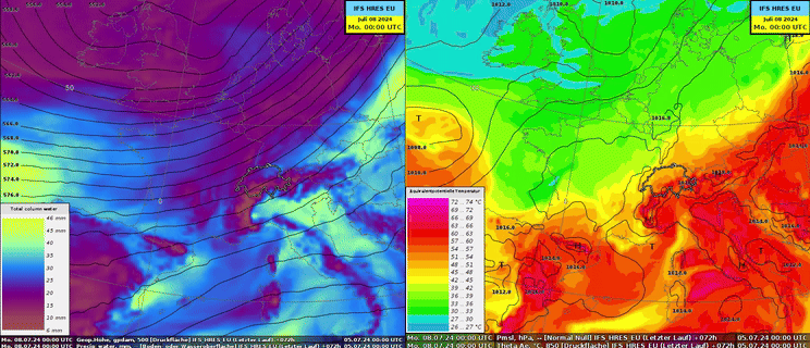 Prognose des IFS HRES EU Modells in 3h-Schritten für Samstag 00 bis Montag 00 UTC: Links Geopotential auf 500 hPa (schwarze Linien) für die Höhenströmung und niederschlagbares Wasser in Farbe (je violetter, desto trockener). Rechts das Bodendruckfeld (schwarze Linien) und die äquivalentpotentielle Temperatur auf 850 hPa (farbig, ein Mass zur Unterscheidung, bzw. dem Energiegehalt von Luftmassen, abhängig von Feuchtigkeit und Temperatur, rötlich = feuchte und warme Luft).
