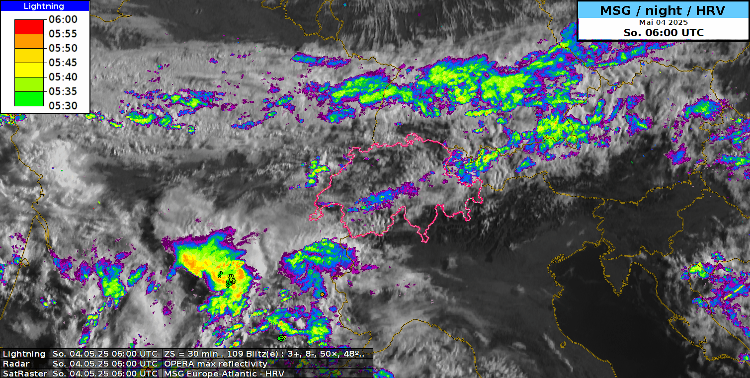 Radar- und Satellitenfilm (HRV-Kanal) überlagert mit den Blitzentladungen von Sonntag, 4. Mai 2025 6 bis 13.30 UTC.