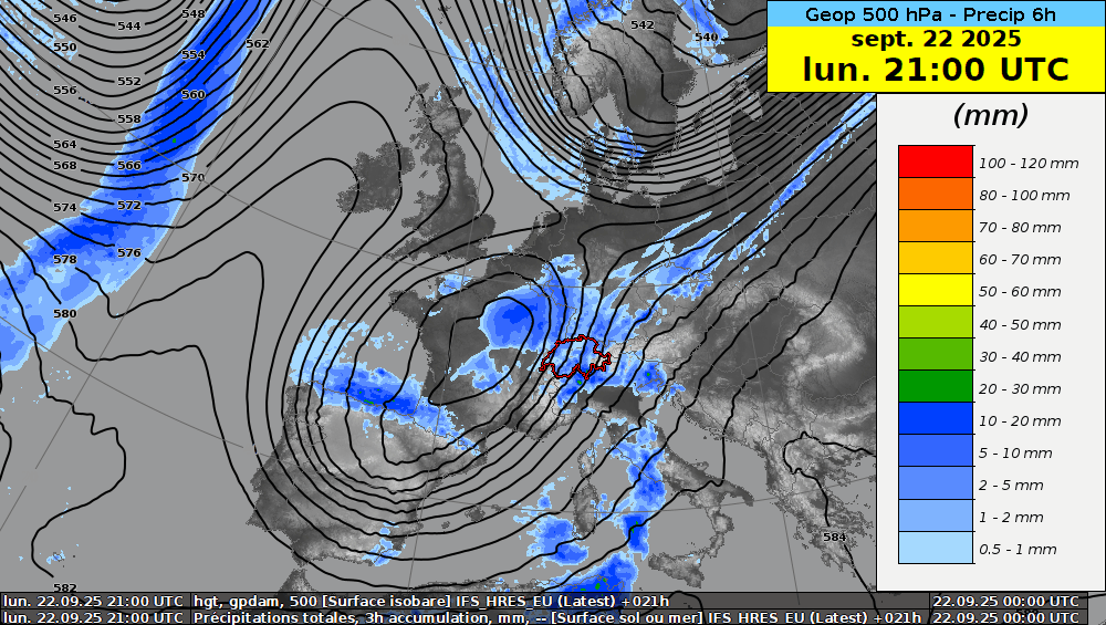 Animation der Geopotentialverteilung auf der 500 hPa Druckfläche (Isolinien) und 6-stündigen Niederschlagssummen. Prognose des Kontrolllaufes des globalen ECMWF Wettermodells von Montag, 22. September, 00 UTC