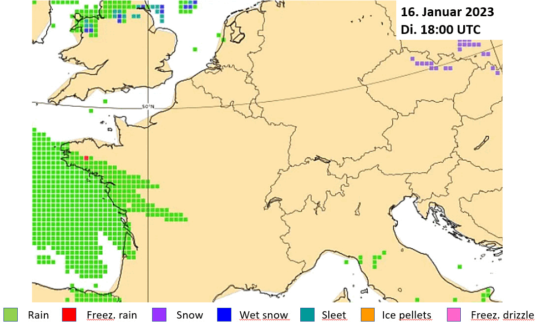 Animation des IFS-Modells mit der zeitlichen und räumlichen Verteilung des Niederschlagstyps vom 16.01.2024 18 UTC bis 17.01.2024 18 UTC.