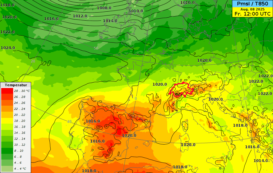 Animation des Bodendruckfelds (schwarze Isobaren) und der Temperatur auf 850 hPa (farbige Flächen, entspricht etwa 1500 m ü.M.) des IFS-Modells (ECMWF) in 12-Stunden Schritten von heute 14 Uhr bis Dienstag 2 Uhr. 